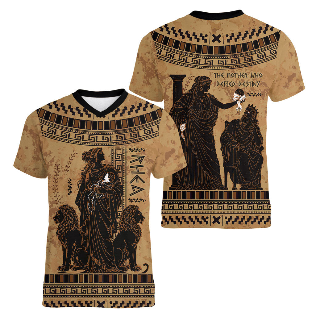 Rhea Mother Who Defied Destiny Women V-Neck T-Shirt Titaness Rhea Lions Greek Key Pottery Art