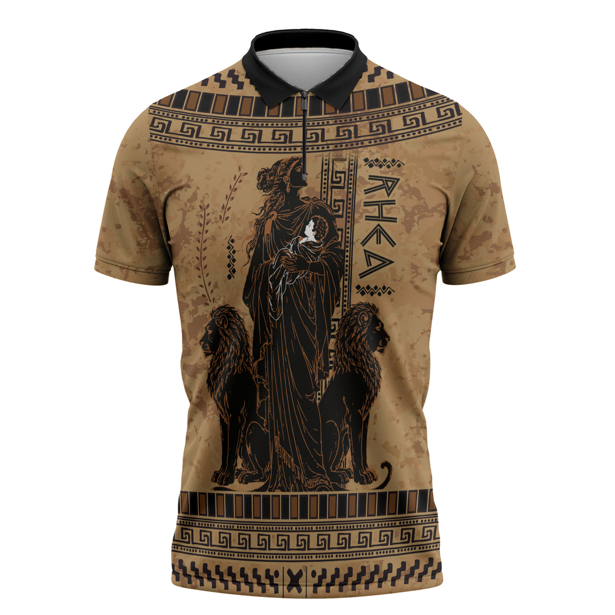 Rhea Mother Who Defied Destiny Zipper Polo Shirt Titaness Rhea Lions Greek Key Pottery Art