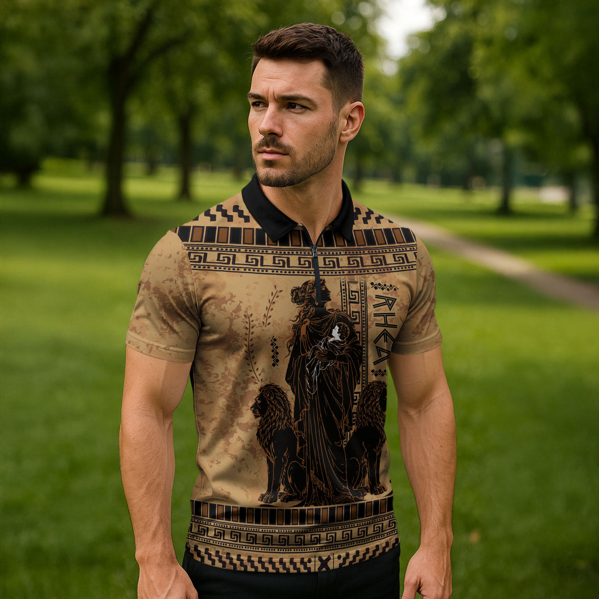 Rhea Mother Who Defied Destiny Zipper Polo Shirt Titaness Rhea Lions Greek Key Pottery Art