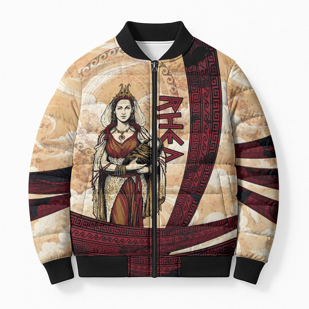 Rhea Titan Queen Mother Gods Bomber Puffer Jacket Goddess Rhea Throne Lions Greek Key Art