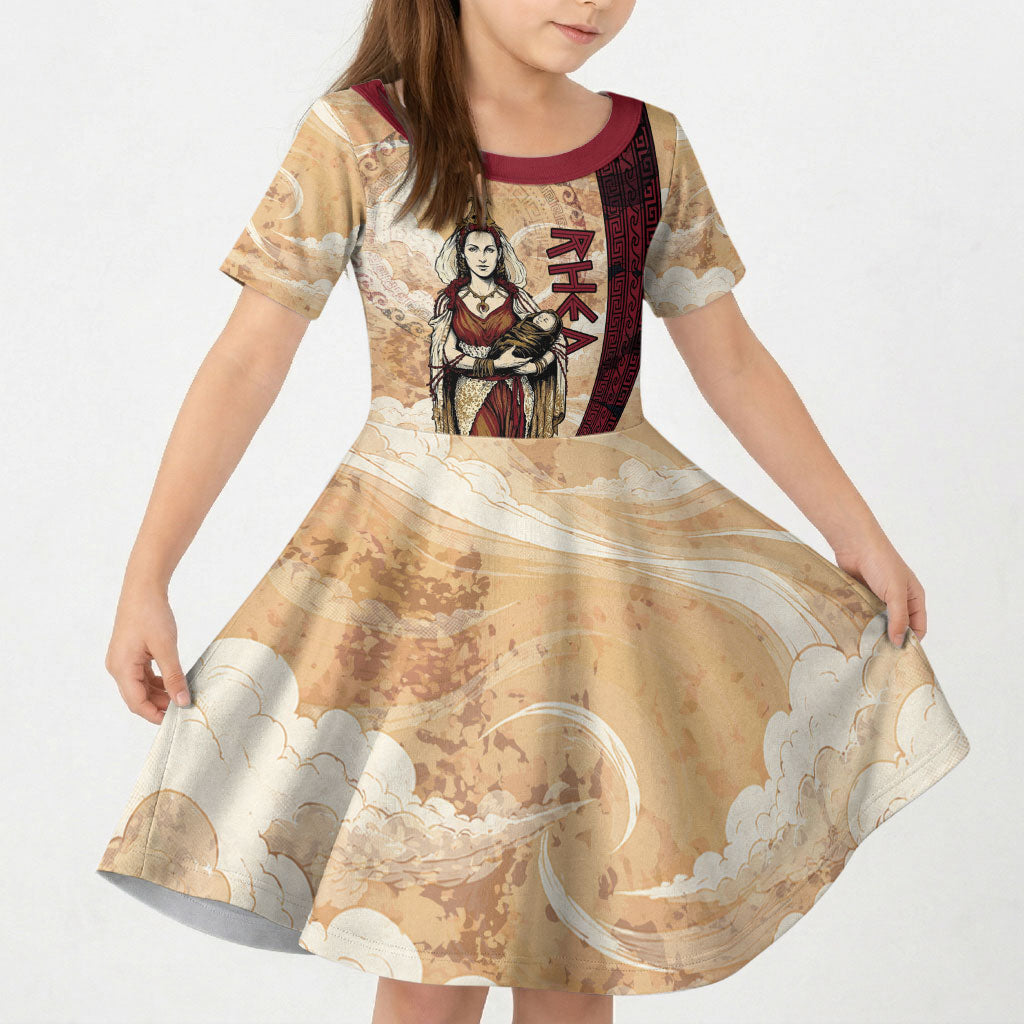 Rhea Titan Queen Mother Gods Kid Short Sleeve Dress Goddess Rhea Throne Lions Greek Key Art