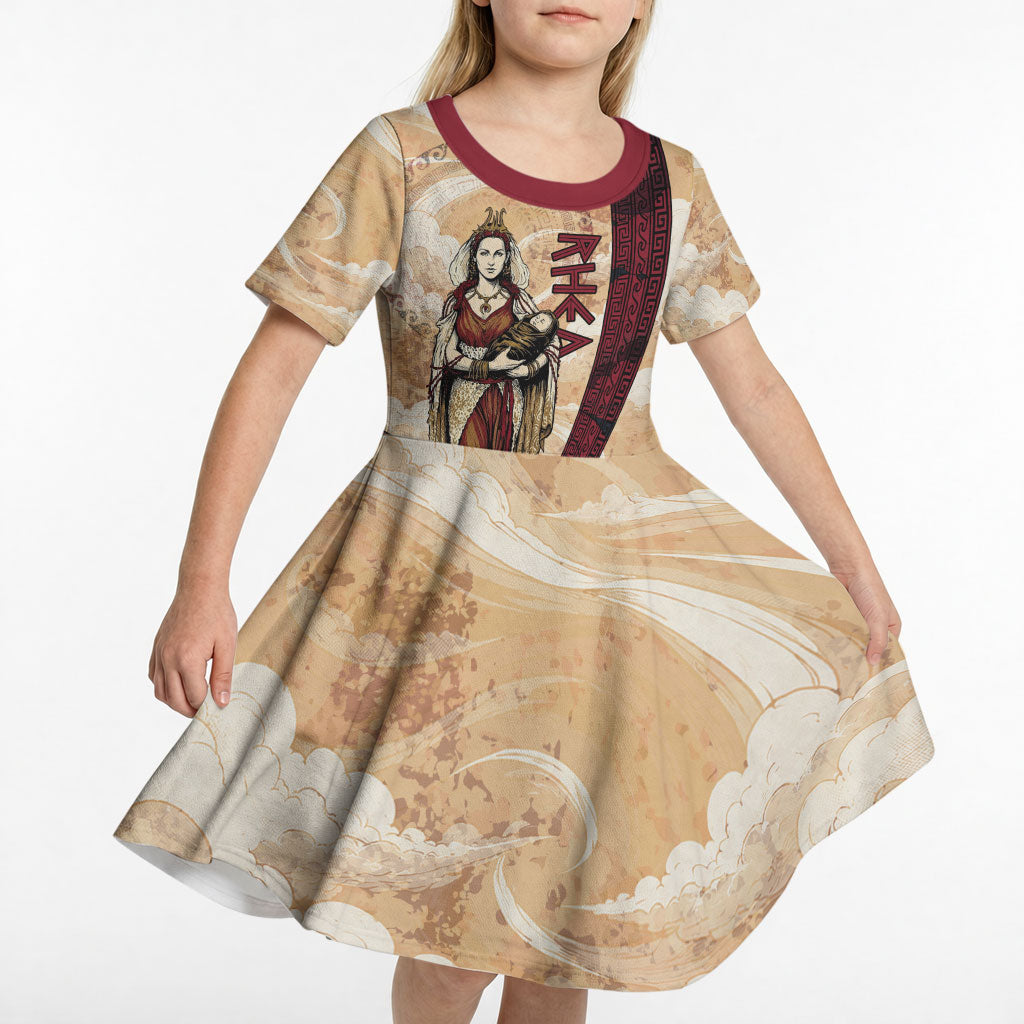Rhea Titan Queen Mother Gods Kid Short Sleeve Dress Goddess Rhea Throne Lions Greek Key Art