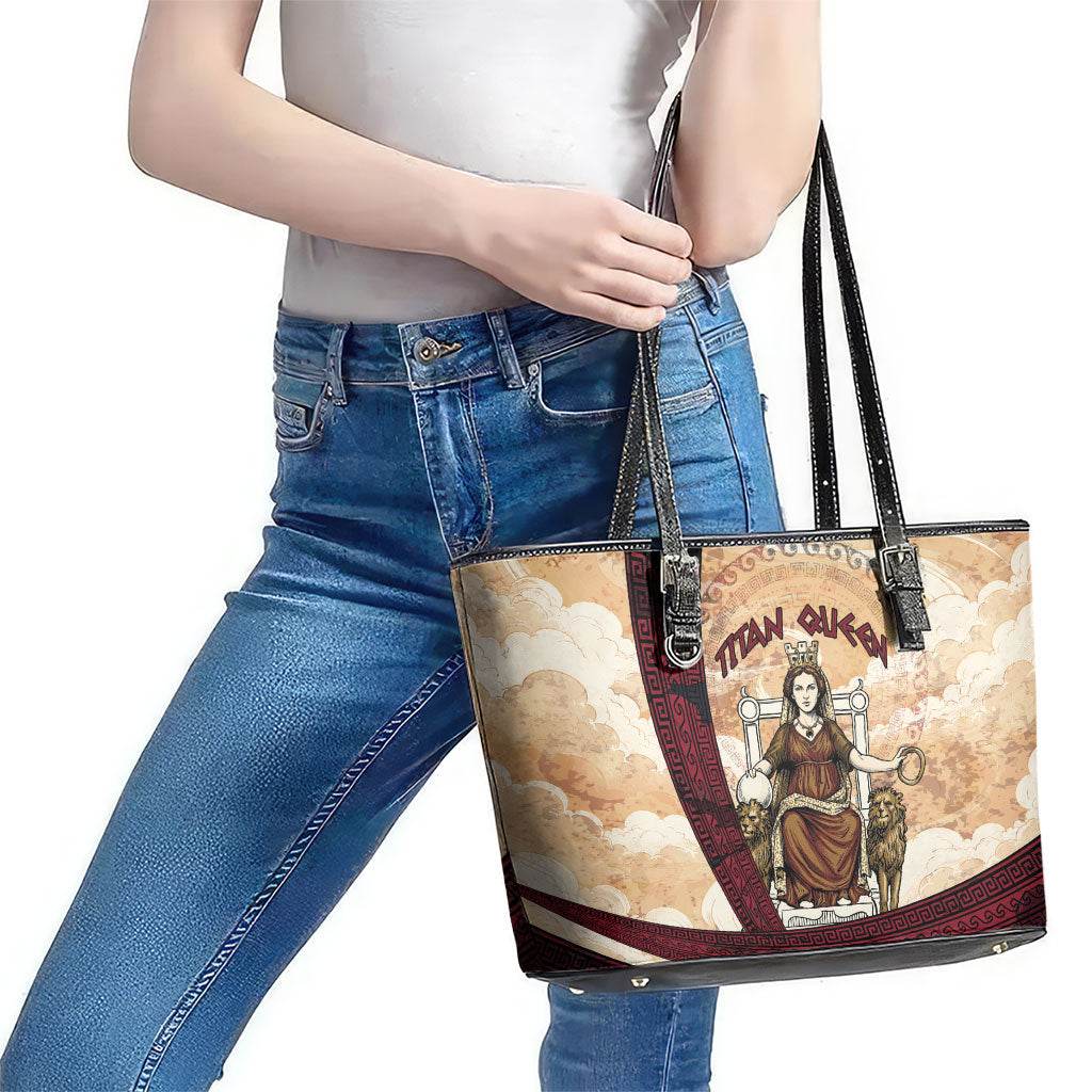 Rhea Titan Queen Mother Gods Leather Tote Bag Goddess Rhea Throne Lions Greek Key Art