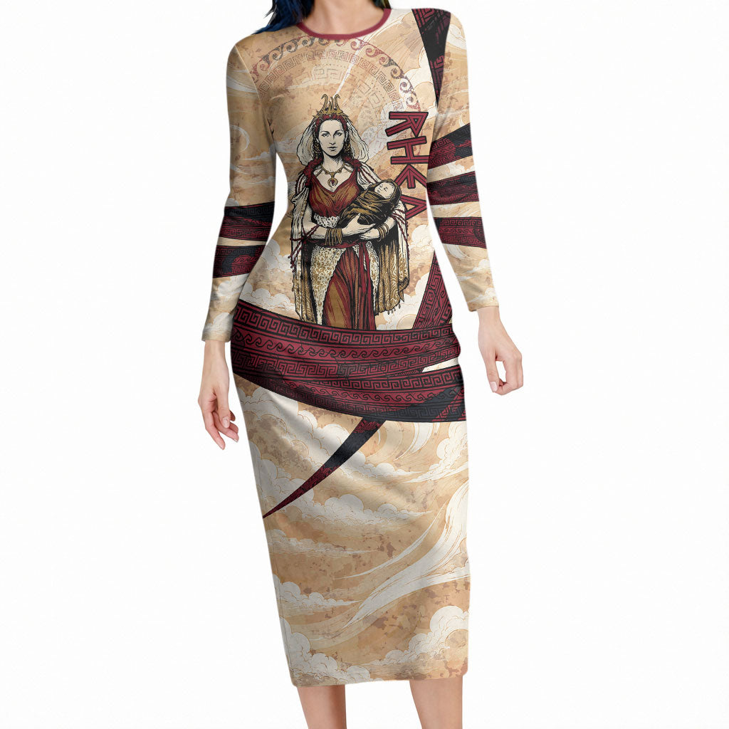 Rhea Titan Queen Mother Gods Long Sleeve Bodycon Dress Goddess Rhea Throne Lions Greek Key Art