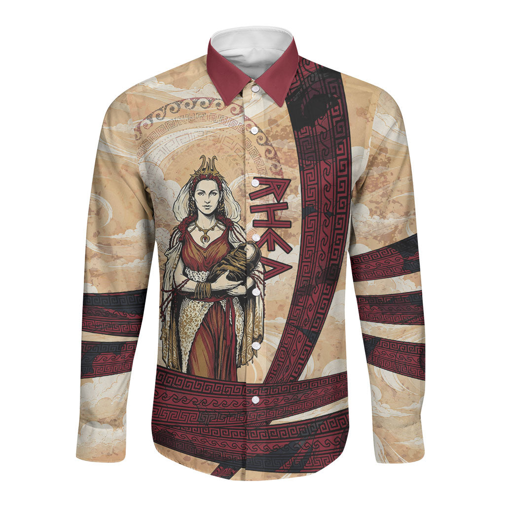 Rhea Titan Queen Mother Gods Long Sleeve Button Shirt Goddess Rhea Throne Lions Greek Key Art