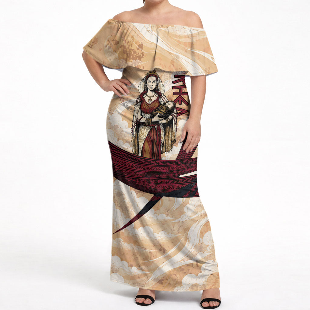 Rhea Titan Queen Mother Gods Off Shoulder Maxi Dress Goddess Rhea Throne Lions Greek Key Art