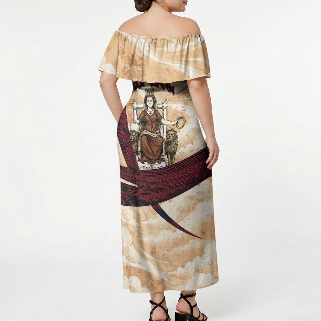 Rhea Titan Queen Mother Gods Off Shoulder Maxi Dress Goddess Rhea Throne Lions Greek Key Art