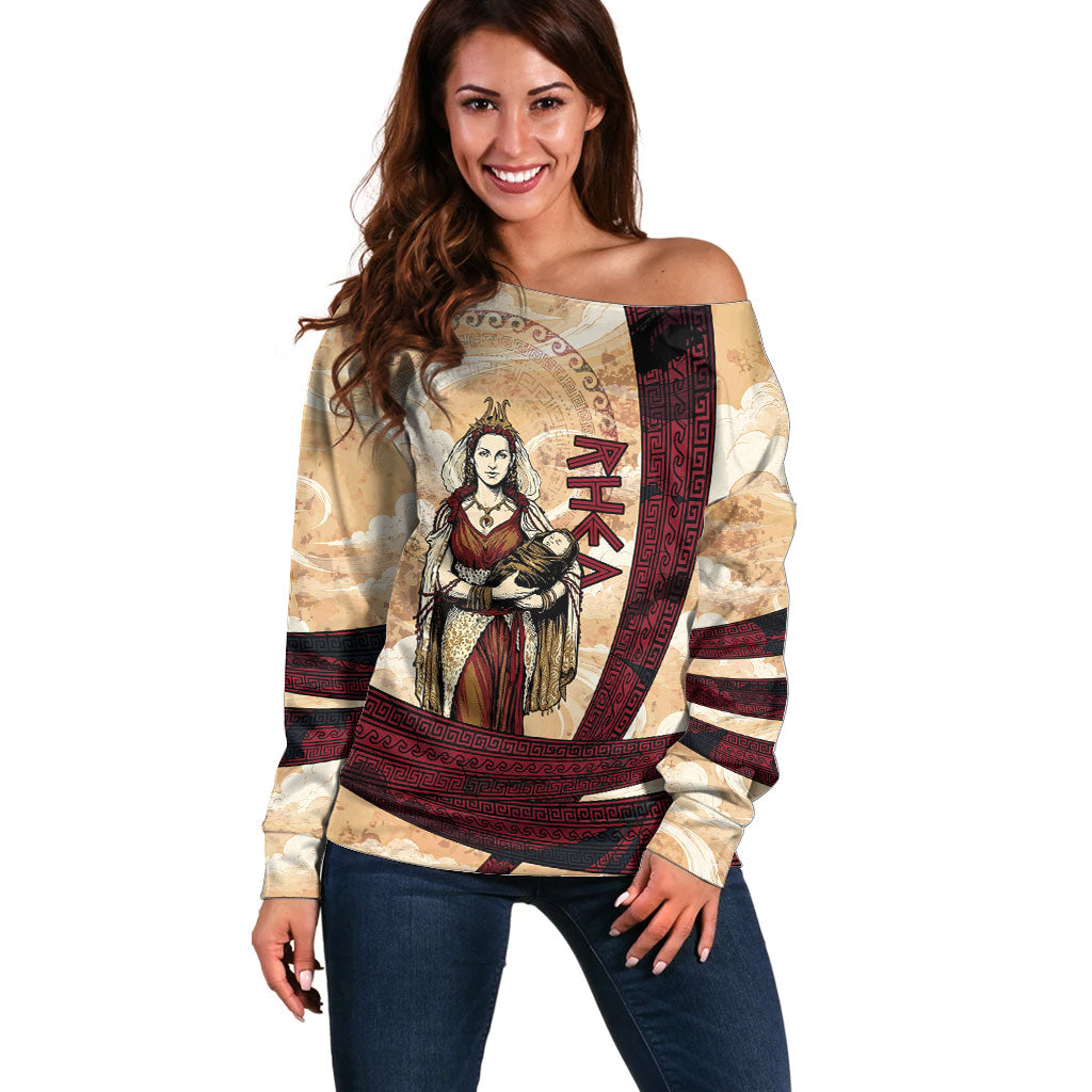 Rhea Titan Queen Mother Gods Off Shoulder Sweater Goddess Rhea Throne Lions Greek Key Art