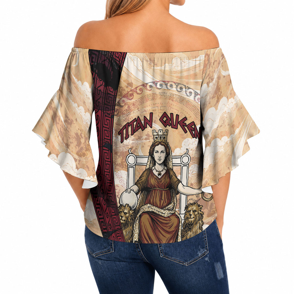 Rhea Titan Queen Mother Gods Off Shoulder Wrap Waist Top Goddess Rhea Throne Lions Greek Key Art