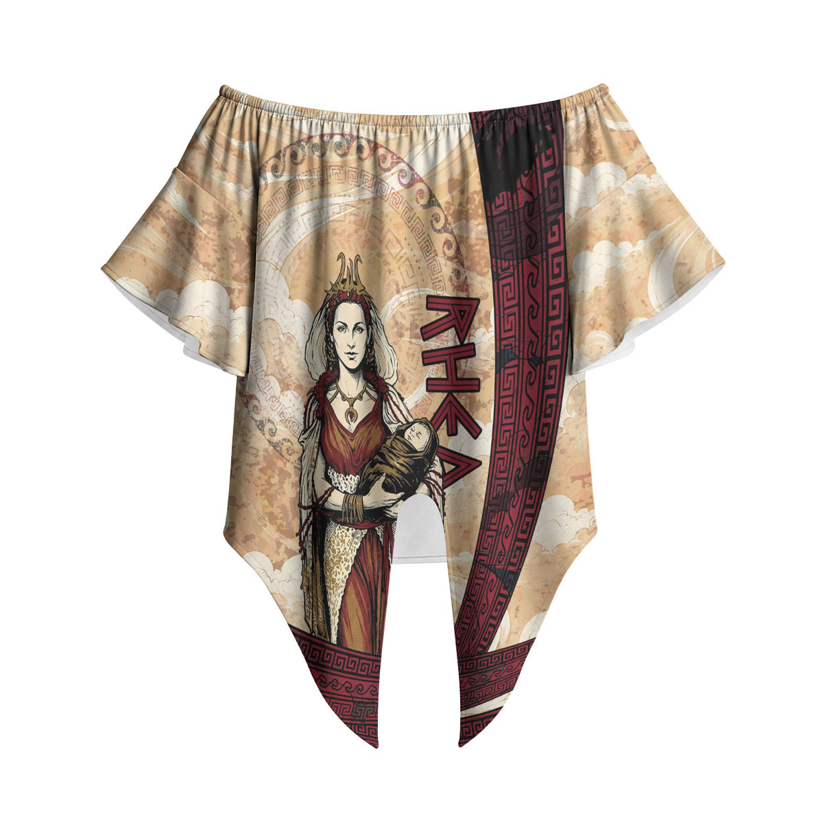 Rhea Titan Queen Mother Gods Off Shoulder Wrap Waist Top Goddess Rhea Throne Lions Greek Key Art