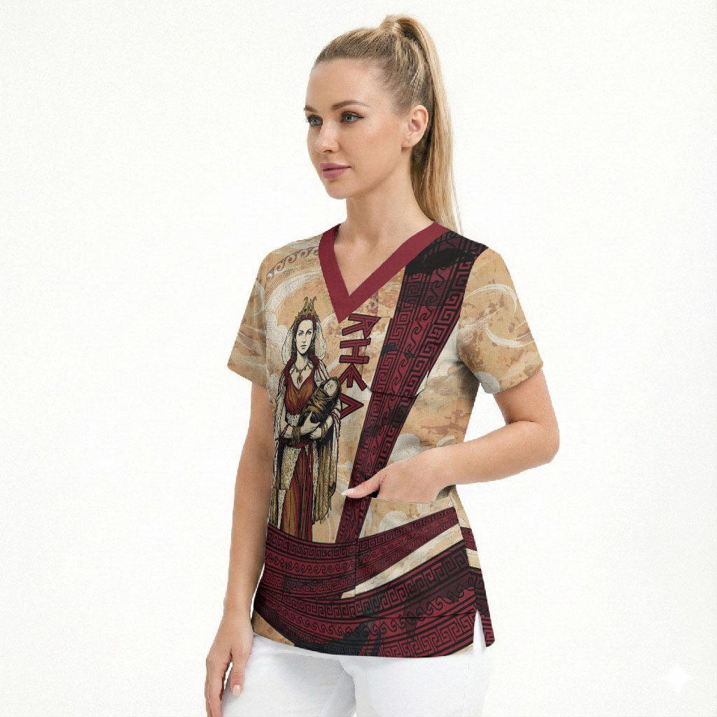 Rhea Titan Queen Mother Gods Scrub Top Goddess Rhea Throne Lions Greek Key Art