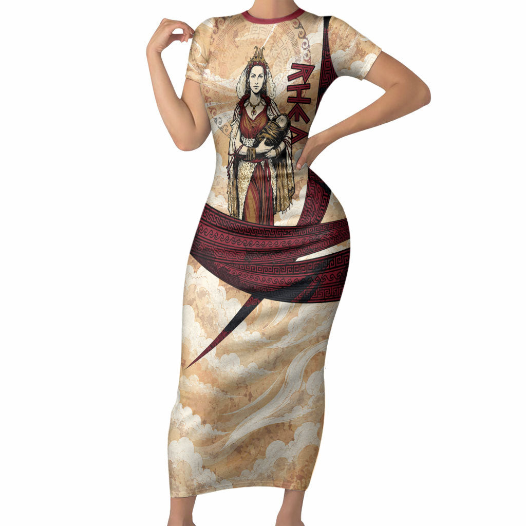 Rhea Titan Queen Mother Gods Short Sleeve Bodycon Dress Goddess Rhea Throne Lions Greek Key Art