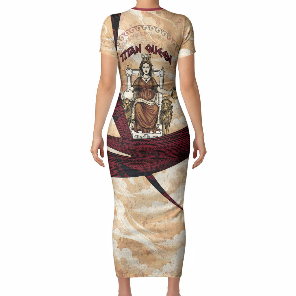 Rhea Titan Queen Mother Gods Short Sleeve Bodycon Dress Goddess Rhea Throne Lions Greek Key Art
