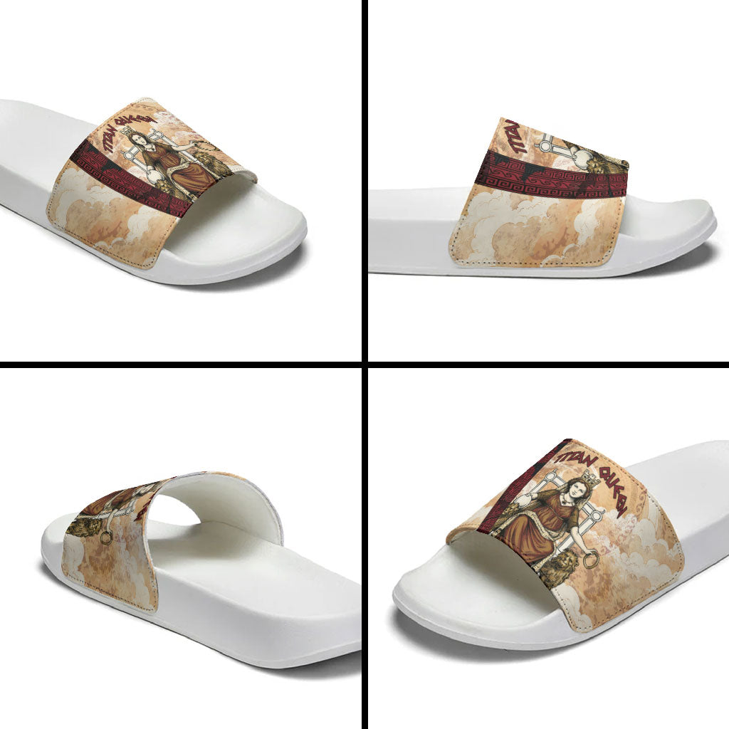 Rhea Titan Queen Mother Gods Slide Sandals Goddess Rhea Throne Lions Greek Key Art