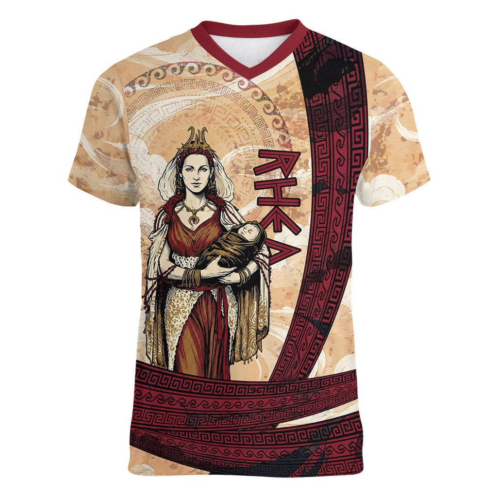 Rhea Titan Queen Mother Gods Women V-Neck T-Shirt Goddess Rhea Throne Lions Greek Key Art