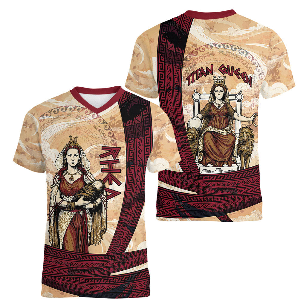 Rhea Titan Queen Mother Gods Women V-Neck T-Shirt Goddess Rhea Throne Lions Greek Key Art