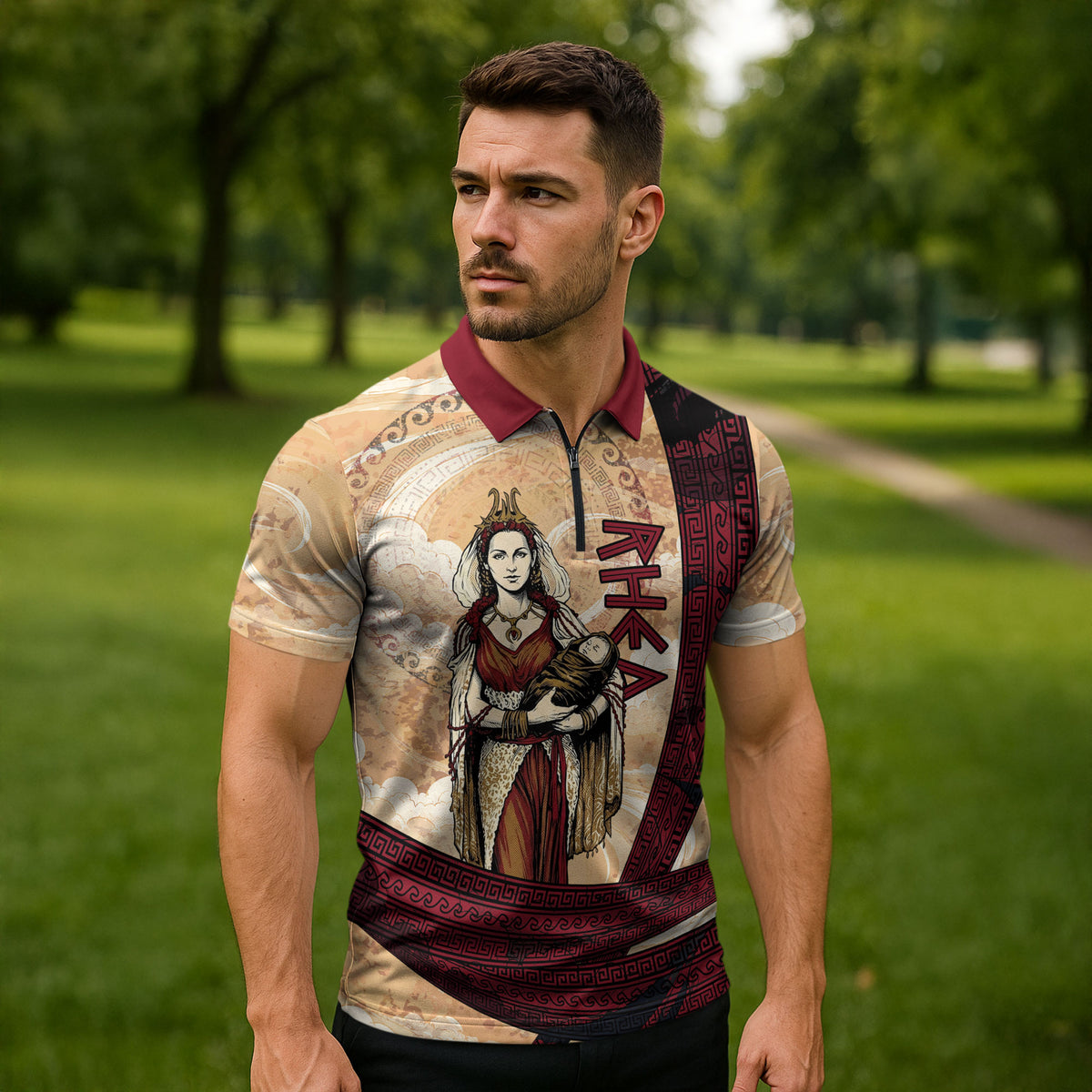 Rhea Titan Queen Mother Gods Zipper Polo Shirt Goddess Rhea Throne Lions Greek Key Art