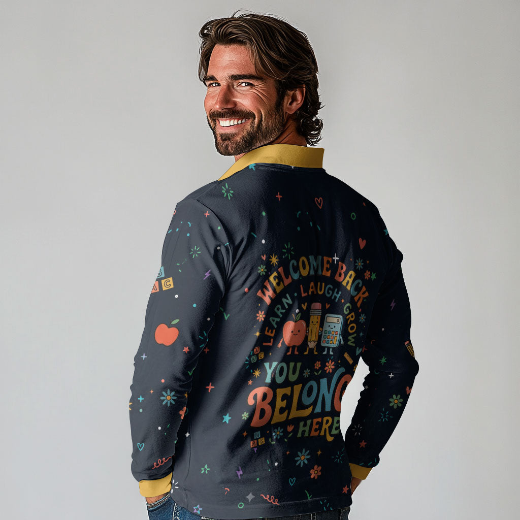 Happy to See Your Face Teacher School Supplies Long Sleeve Polo Shirt Welcome Back Teacher You Belong Here