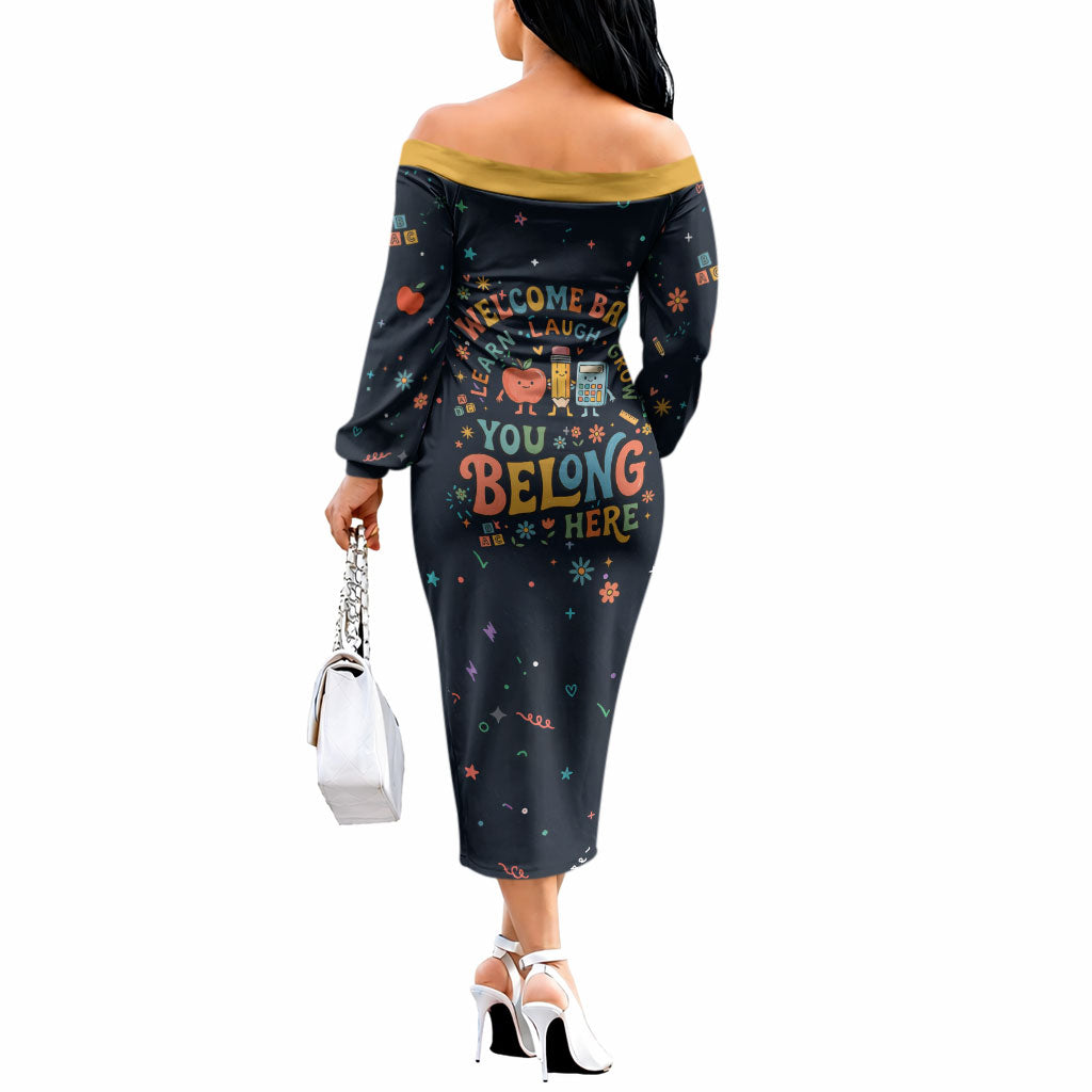 Happy to See Your Face Teacher School Supplies Off The Shoulder Long Sleeve Dress Welcome Back Teacher You Belong Here
