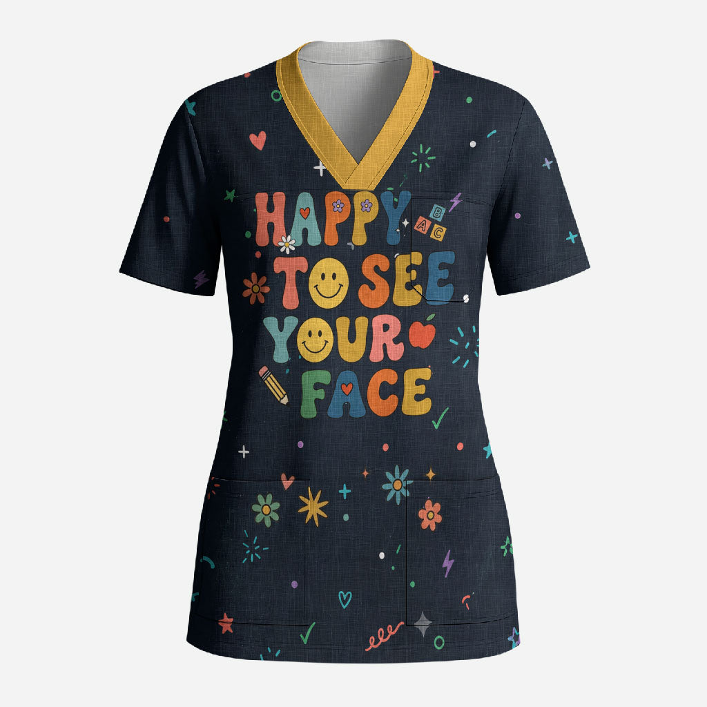 Happy to See Your Face Teacher School Supplies Scrub Top Welcome Back Teacher You Belong Here