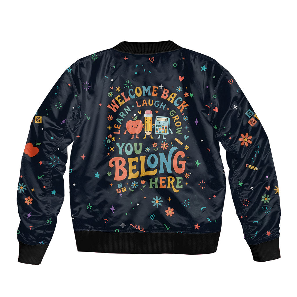 Happy to See Your Face Teacher School Supplies Sleeve Zip Bomber Jacket Welcome Back Teacher You Belong Here