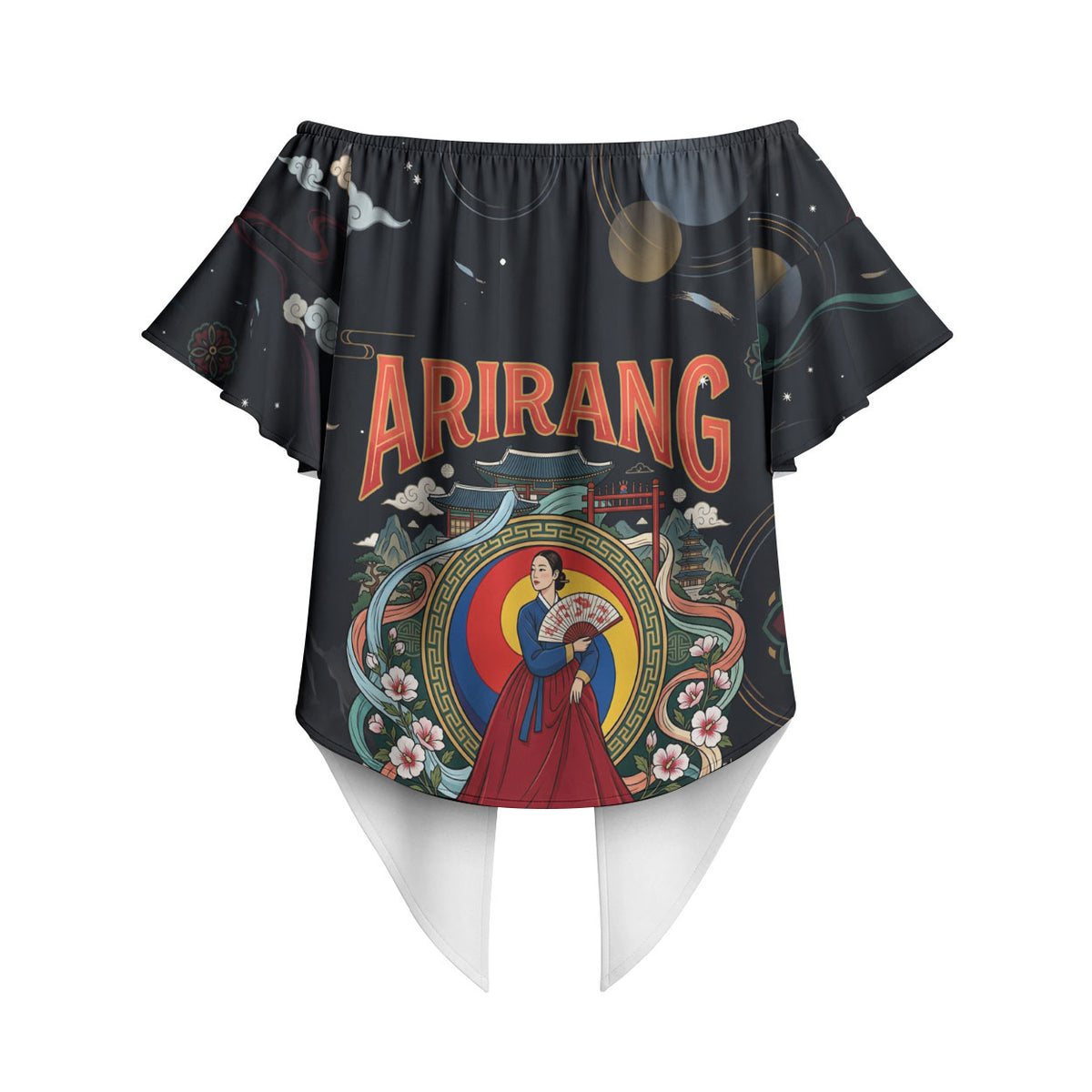 Arirang Korea Pride Off Shoulder Wrap Waist Top Korean Taegeuk Culture Hanbok Woman Traditional Mugunghwa
