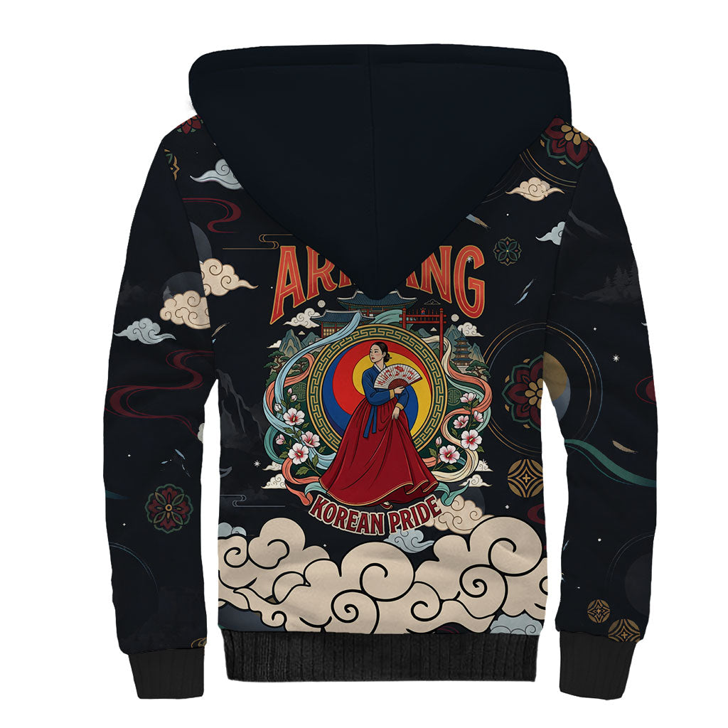 Arirang Korea Pride Sherpa Hoodie Korean Taegeuk Culture Hanbok Woman Traditional Mugunghwa