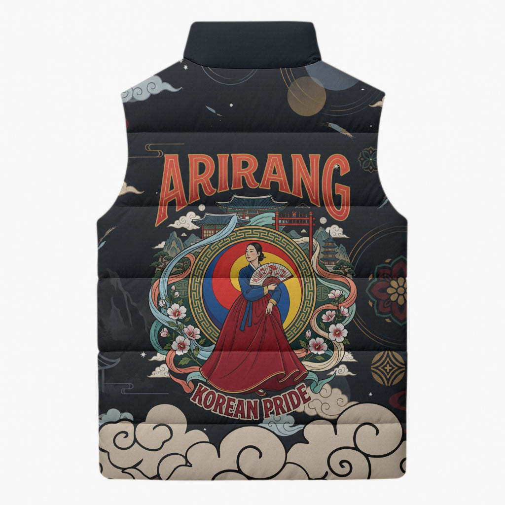 Arirang Korea Pride Sleeveless Puffer Jacket Korean Taegeuk Culture Hanbok Woman Traditional Mugunghwa
