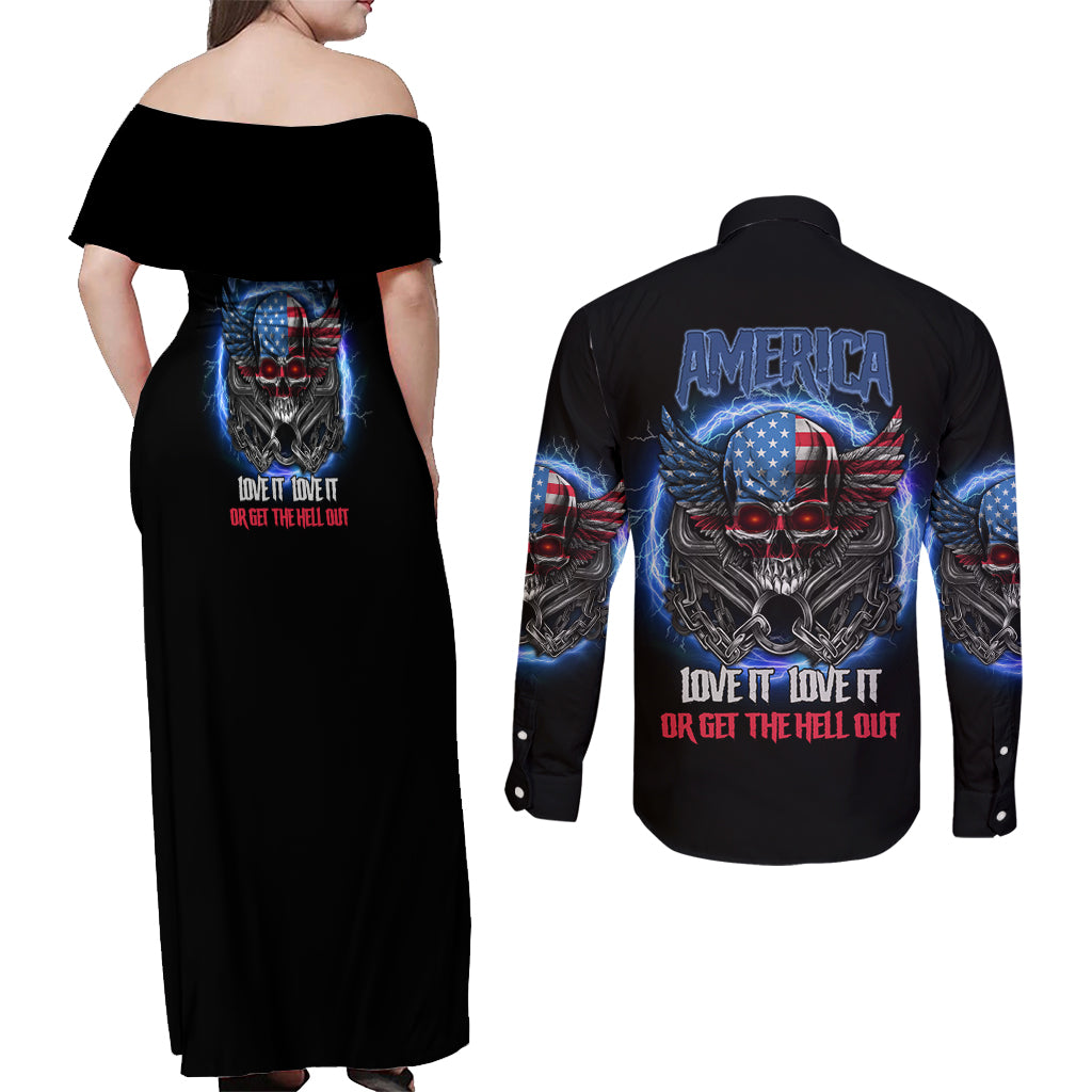 America Live It Love It Or Get The Hell Out Couples Matching Off Shoulder Maxi Dress and Long Sleeve Button Shirt - Wonder Print Shop