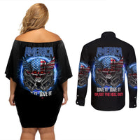 America Live It Love It Or Get The Hell Out Couples Matching Off Shoulder Short Dress and Long Sleeve Button Shirt - Wonder Print Shop