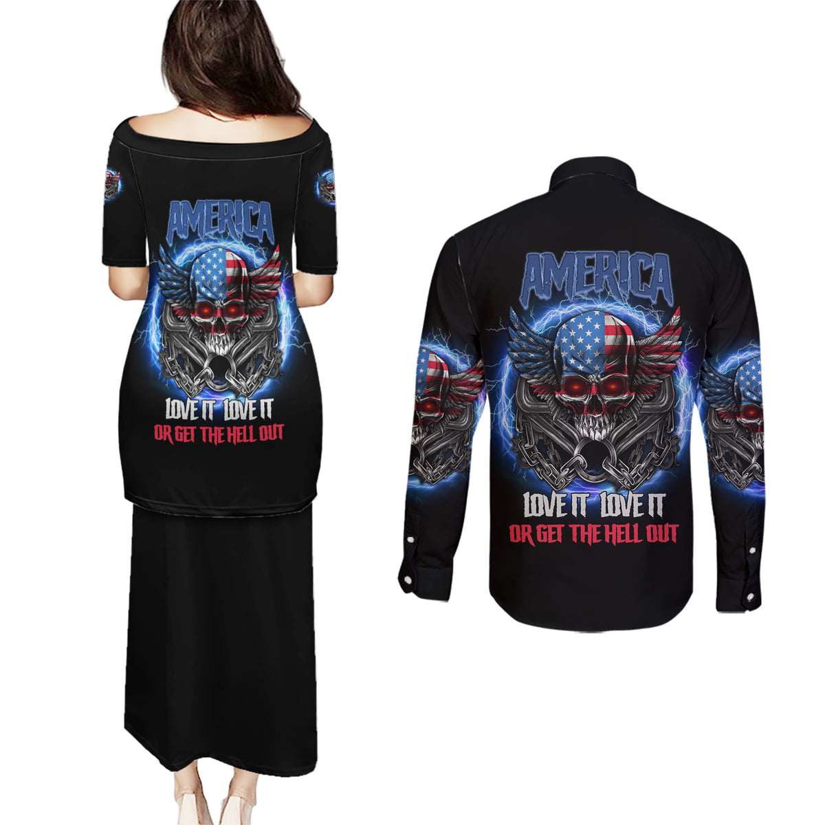 America Live It Love It Or Get The Hell Out Couples Matching Puletasi Dress and Long Sleeve Button Shirt - Wonder Print Shop