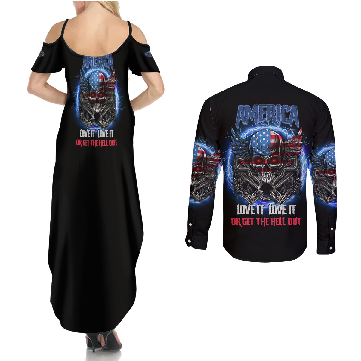 America Live It Love It Or Get The Hell Out Couples Matching Summer Maxi Dress and Long Sleeve Button Shirt - Wonder Print Shop