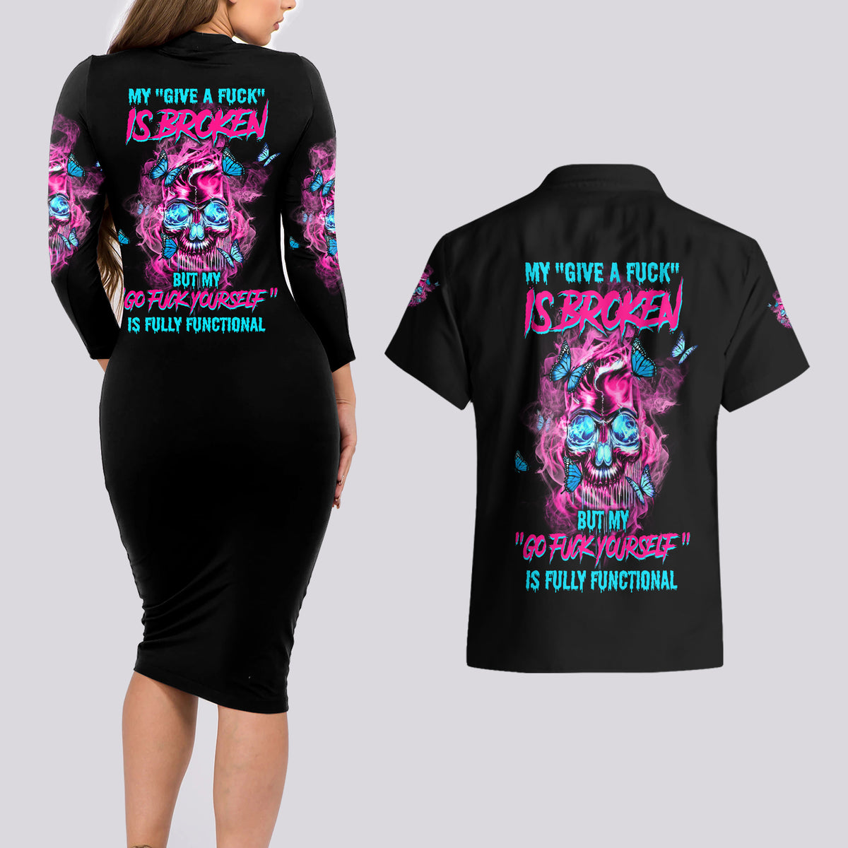 My Give A F Is Broken Couples Matching Long Sleeve Bodycon Dress and Hawaiian Shirt - Wonder Print Shop