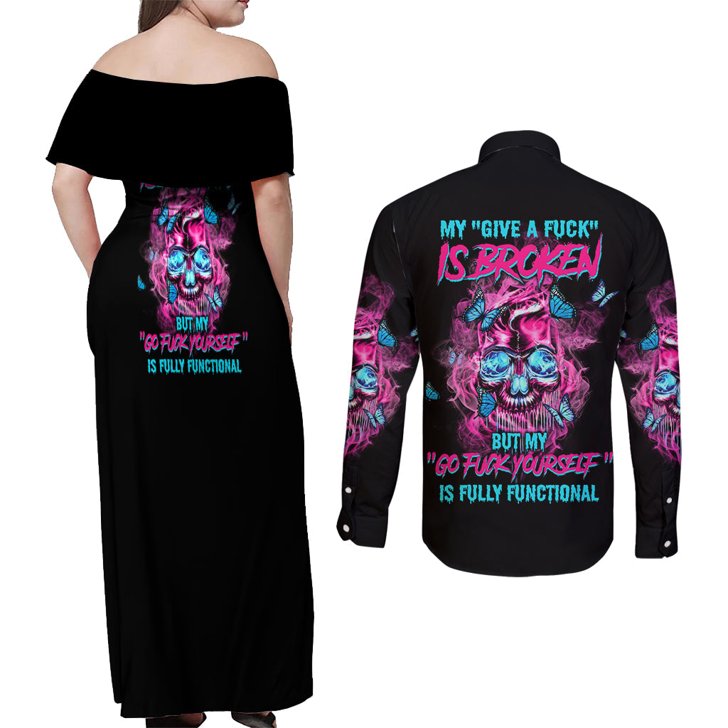 My Give A F Is Broken Couples Matching Off Shoulder Maxi Dress and Long Sleeve Button Shirt - Wonder Print Shop