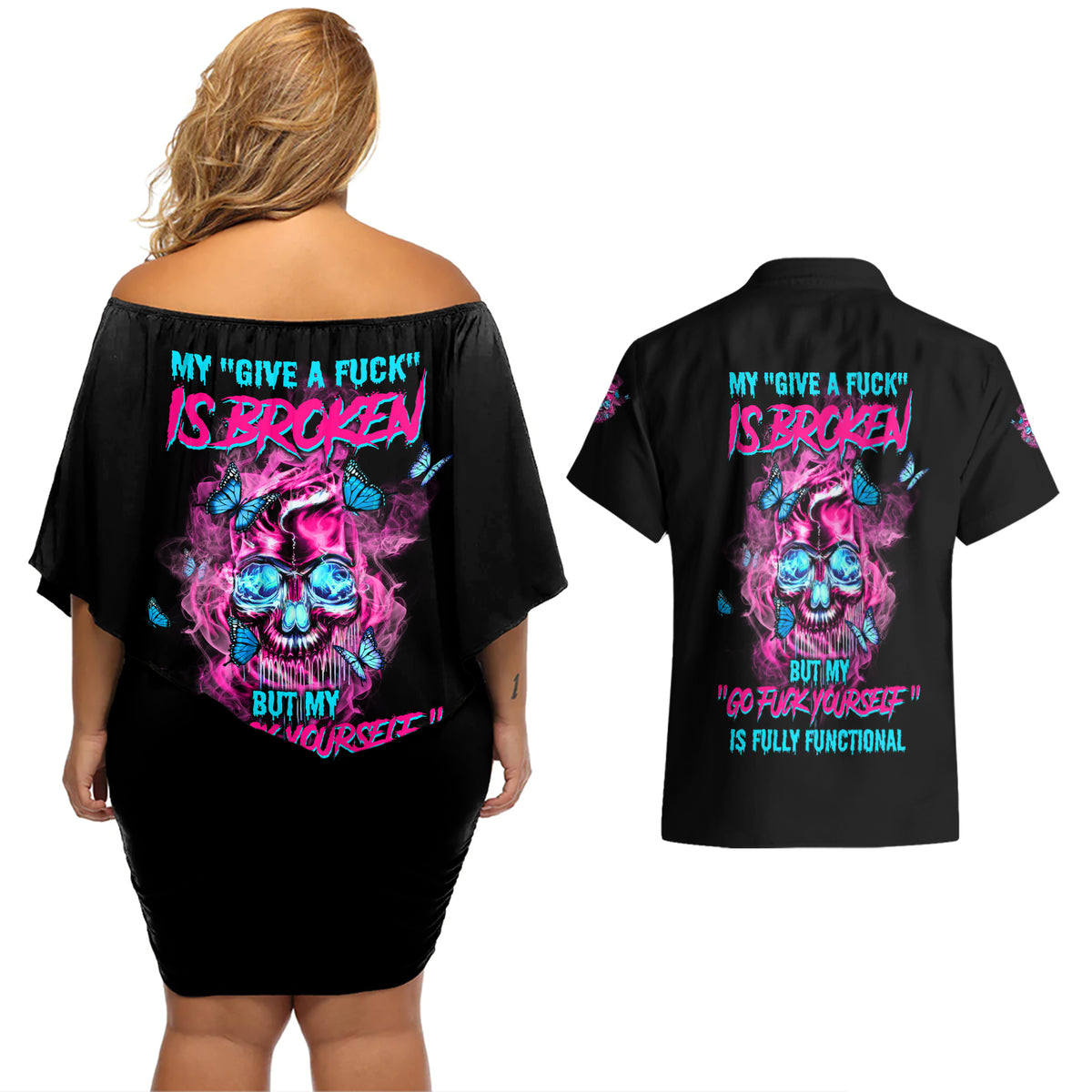 My Give A F Is Broken Couples Matching Off Shoulder Short Dress and Hawaiian Shirt - Wonder Print Shop