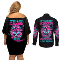My Give A F Is Broken Couples Matching Off Shoulder Short Dress and Long Sleeve Button Shirt - Wonder Print Shop