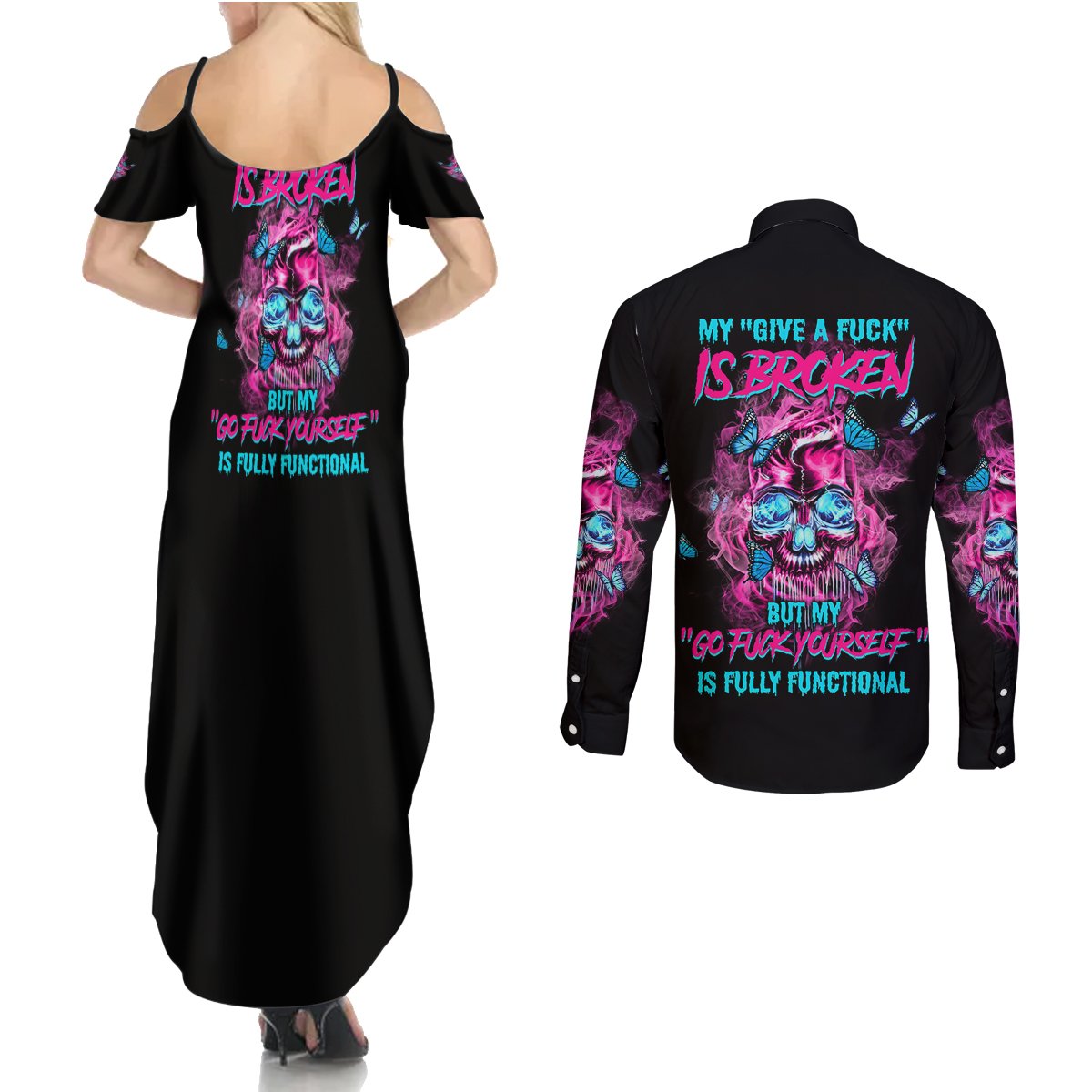 My Give A F Is Broken Couples Matching Summer Maxi Dress and Long Sleeve Button Shirt - Wonder Print Shop