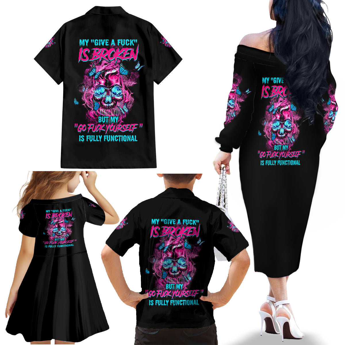 My Give A F Is Broken Family Matching Off Shoulder Long Sleeve Dress and Hawaiian Shirt - Wonder Print Shop