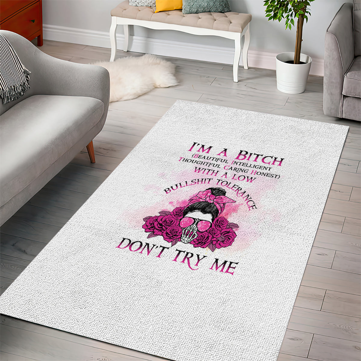 I'm A B Don't Try Me Rose Messy Bun Area Rug - Wonder Print Shop