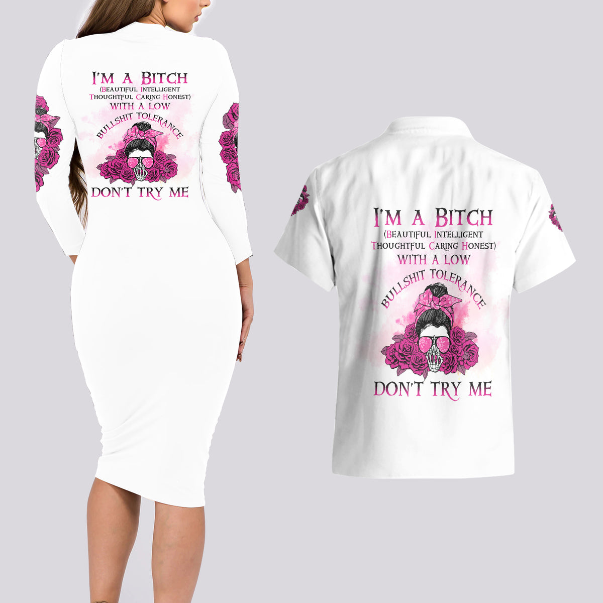 I'm A B Don't Try Me Rose Messy Bun Couples Matching Long Sleeve Bodycon Dress and Hawaiian Shirt - Wonder Print Shop