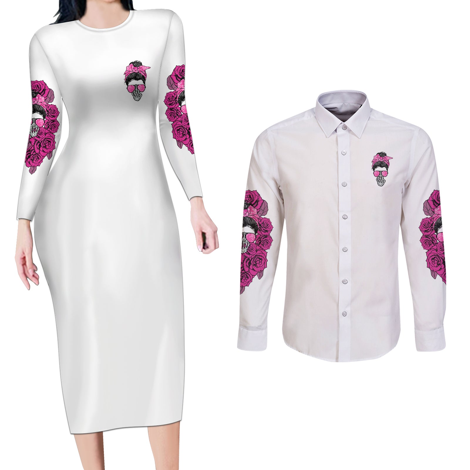 I'm A B Don't Try Me Rose Messy Bun Couples Matching Long Sleeve Bodycon Dress and Long Sleeve Button Shirt - Wonder Print Shop