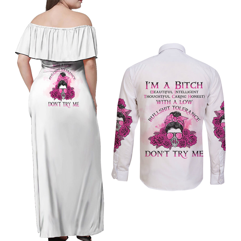 I'm A B Don't Try Me Rose Messy Bun Couples Matching Off Shoulder Maxi Dress and Long Sleeve Button Shirt - Wonder Print Shop