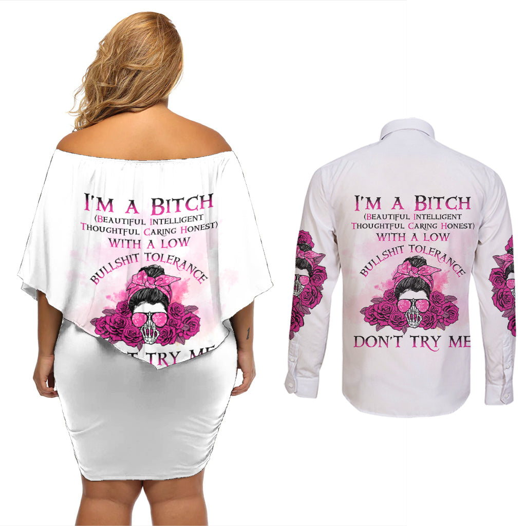 I'm A B Don't Try Me Rose Messy Bun Couples Matching Off Shoulder Short Dress and Long Sleeve Button Shirt - Wonder Print Shop