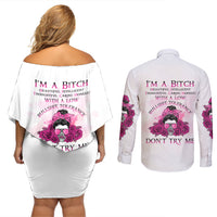 I'm A B Don't Try Me Rose Messy Bun Couples Matching Off Shoulder Short Dress and Long Sleeve Button Shirt - Wonder Print Shop