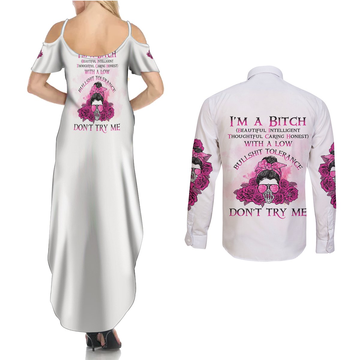 I'm A B Don't Try Me Rose Messy Bun Couples Matching Summer Maxi Dress and Long Sleeve Button Shirt - Wonder Print Shop