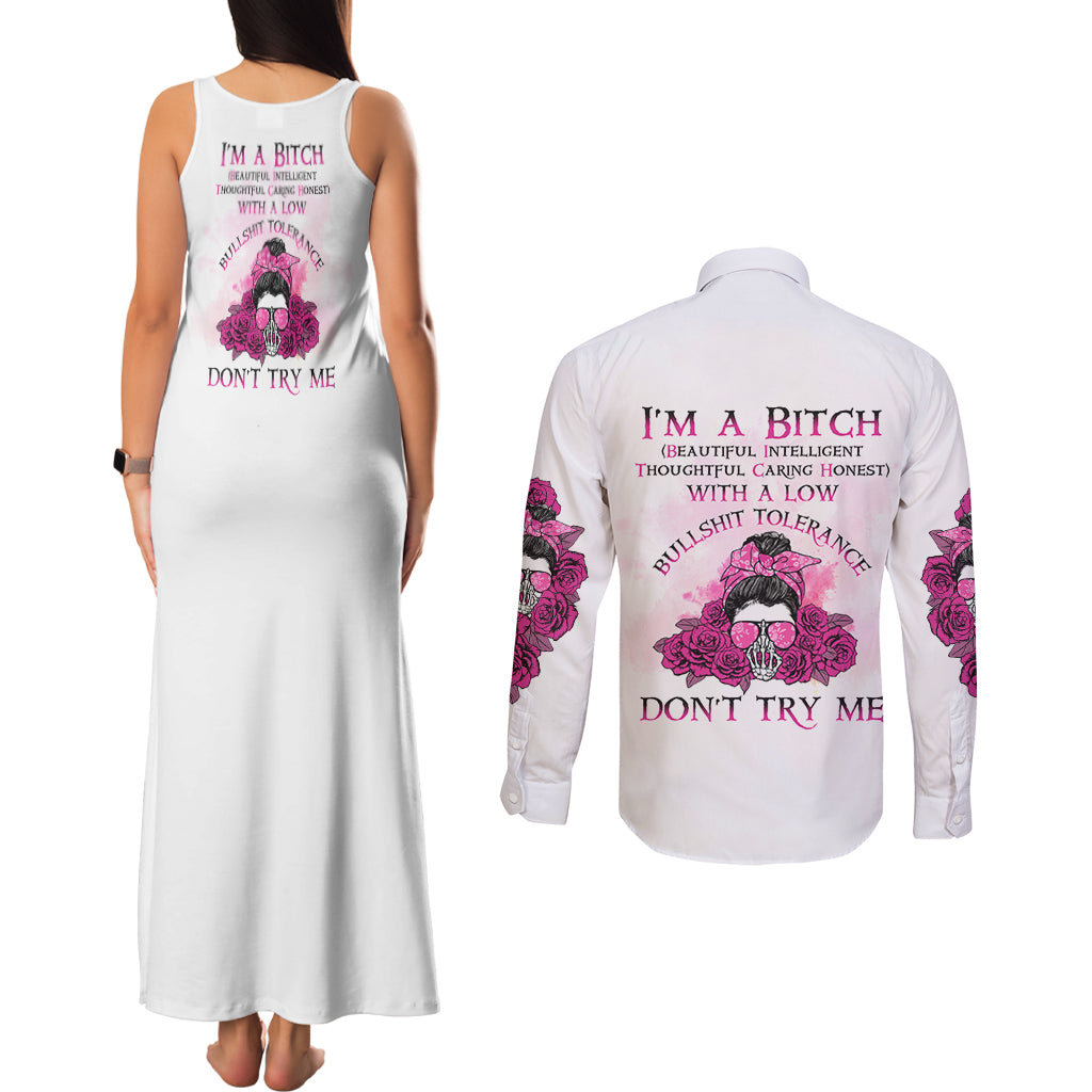 I'm A B Don't Try Me Rose Messy Bun Couples Matching Tank Maxi Dress and Long Sleeve Button Shirt - Wonder Print Shop