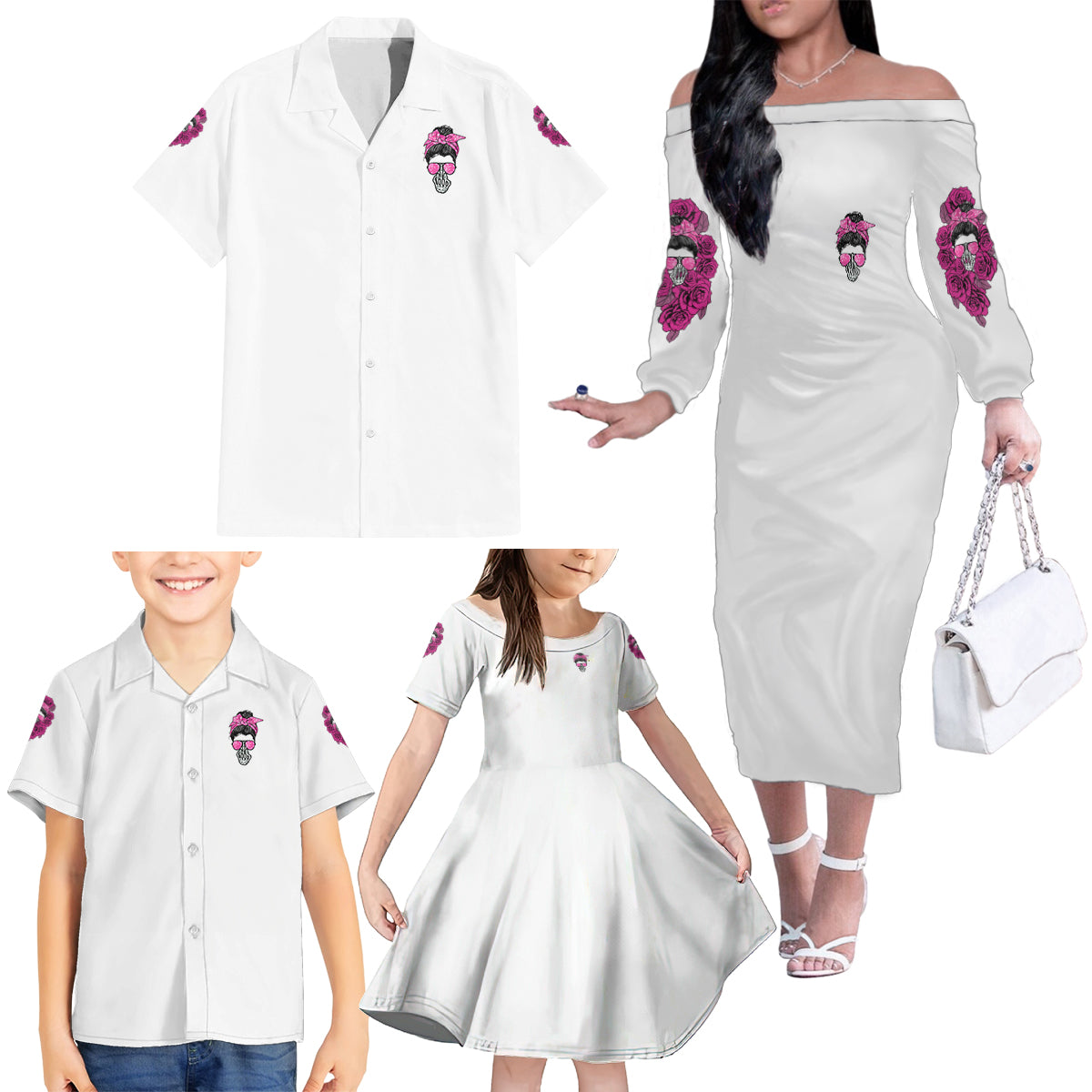 I'm A B Don't Try Me Rose Messy Bun Family Matching Off Shoulder Long Sleeve Dress and Hawaiian Shirt - Wonder Print Shop