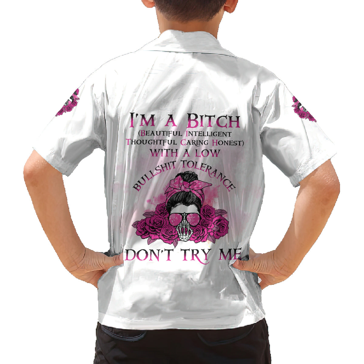 I'm A B Don't Try Me Rose Messy Bun Family Matching Off Shoulder Short Dress and Hawaiian Shirt - Wonder Print Shop