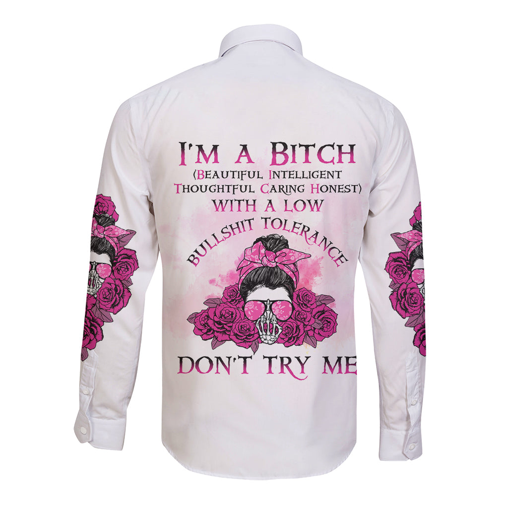 I'm A B Don't Try Me Rose Messy Bun Long Sleeve Button Shirt - Wonder Print Shop