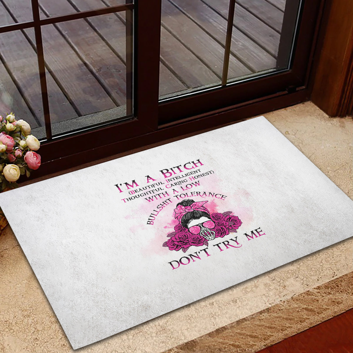 I'm A B Don't Try Me Rose Messy Bun Rubber Doormat - Wonder Print Shop